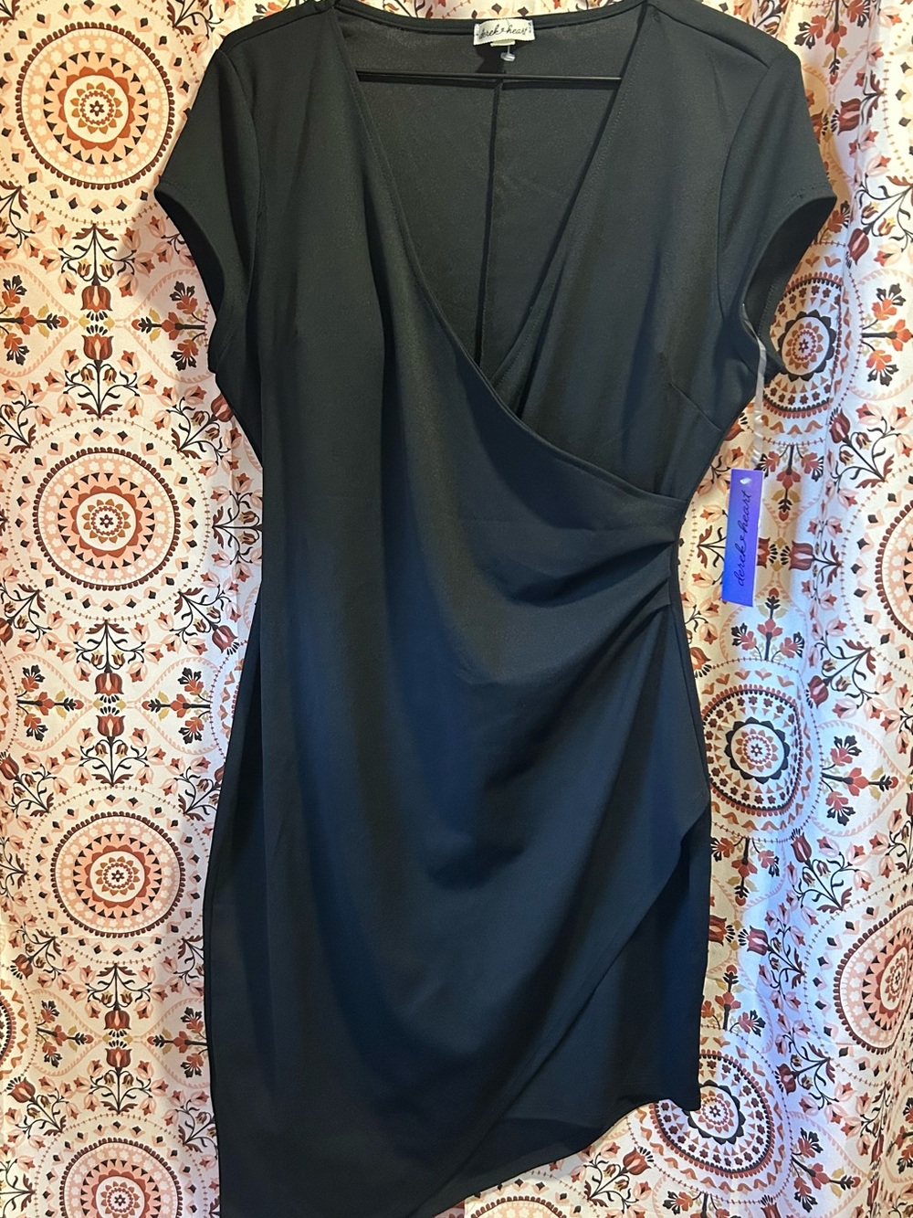 Derek Heart Black Faux-Wrap Cap Sleeve Mini Dress
